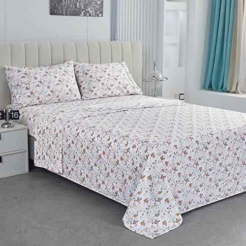 Softan Floral Twin Size Sheet Set, Orange Flower Printed Bed Sheets for Girls, 3-Piece Microfiber Single Fitted Sheet with 15" Deep Pocket & Non-Slip Straps, Patterned Bedding Sheets & Pillowcase Set Softan