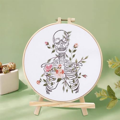 Yangshine 2 Sets Human Anatomy Embroidery Kit for Beginners,Flower with Skull Patterns Cross Stitch Kits,Including Embroidery Hoops, Fabric,Color Threads,Needles,Instructions and Tool Kit