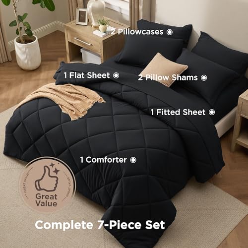 Bedsure Premium Series 7 Piece Black Queen Comforter Set, Goose Down Alternative, All Season Medium Warmth, Soft Hotel Luxury Bed in a Bag, Safe for Sensitive Skin, Includes Sheets Pillowcases Shams Bedsure