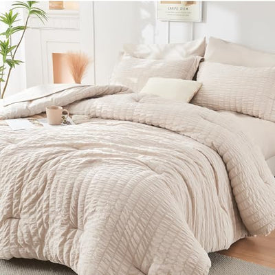 HYMOKEGE Beige King Size Comforter Set Seersucker 7 Pieces, All Season Luxury Bed in a Bag for Bedroom, Bedding Set with Comforters, Sheets, Pillowcases & Shams