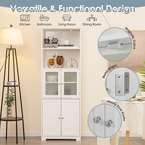 Tangkula Tall Bathroom Storage Cabinet, Freestanding Floor Cabinet w/2 Glass Doors & 2 Open Shelves, 3-Position Adjustable Shelves, Anti-toppling Design, 64” Tall Pantry Cupboard for Kitchen Tangkula