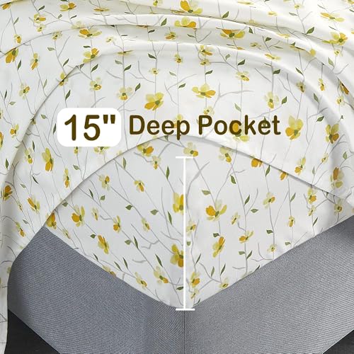 Softan Yellow Floral Bed Sheets Full Flower Printed Sheets - Patterned Microfiber Fitted Sheets Full with 15" Deep Pocket & Non-Slip Straps, Cute Flower Sheets & Pillowcase Set Softan