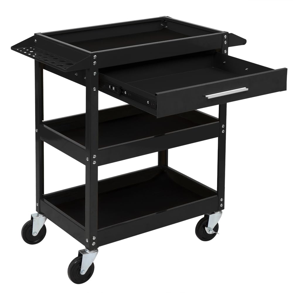 TUFFIOM 3 Tier Rolling Tool Cart with Drawer, Tool Service Cart on Wheels w/2 Brake, 330 LBS Capacity Industrial Heavy Duty Utility Cart, Tool Organizer for Mechanic, Garage, Warehouse & Repair Shop TUFFIOM
