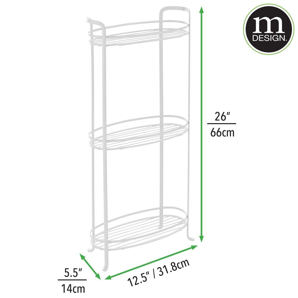 mDesign 3 Tier Vertical Standing Bathroom Shelving Unit, Decorative Metal Storage Organizer Tower Rack with 3 Basket Bins to Hold and Organize Bath Towels, Hand Soap, Toiletries - White mDesign