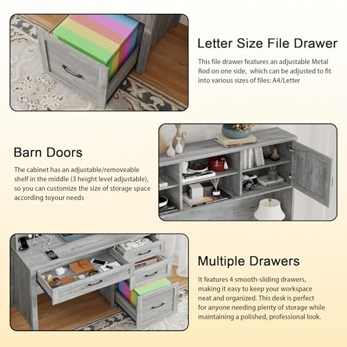 Farmhouse 67" H Executive Desk with Hutch,Office Desk with 4 Drawers and LED light, Wood Workstation for Home Office and Study, Computer Desk with Storage Cabinet,File Drawers, Charging Station.Gray. Befrases