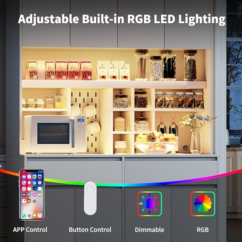 Gyfimoie 71" Kitchen Pantry Storage Cabinet with Charging Station, Kitchen Hutch with LED Light & Open Shelving, Buffet Cabinet with Drawers, Farmhouse Food Pantry for Living Room, White Gyfimoie