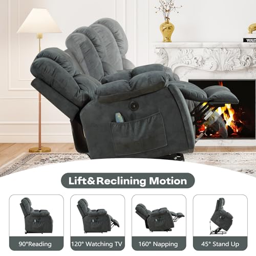ANJ Large Power Lift Recliner with Hidden Cup Holders for Elderly, Large Electric Reclining Lift Chair with Massage and Heat, Overstuffed Lifting Chairs with Side Pockets for Living Room, Dark Green