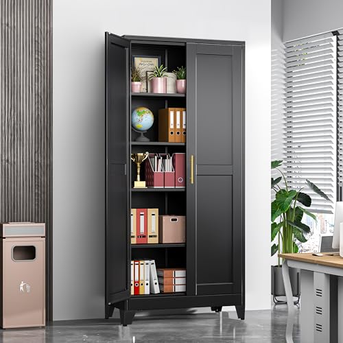 GAIOUS 71" Tall Metal Storage Cabinet with 2 Doors and 4 Adjustable Shelves, Kitchen Pantry Cabinet Black Freestanding Cupboard, 5 Tier Multifunctional Steel Storage for Office, Kitchen, Dining Room GAIOUS