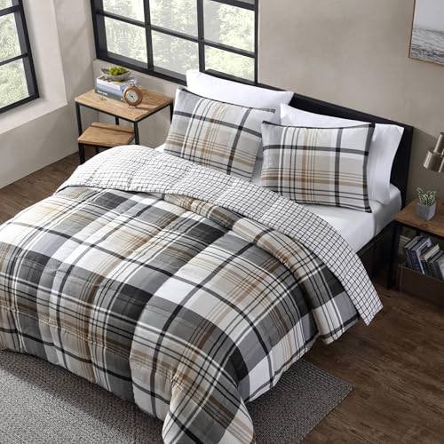 Eddie Bauer - Twin Comforter Set, Reversible Plaid Bedding with Matching Sham, Oeko-Tex Certified, Dorm Essentials (Normandy Grey) Eddie Bauer