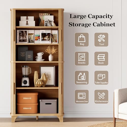 Decofy 69" Tall Kitchen Pantry Storage Cabinet with Sliding Door, Modern Curved Edge Pantry Storage Cabinet with 5 Shelves, Cupboard for The Kitchen, Dining Room, Bedroom, Living Room, Office (Oak) Decofy