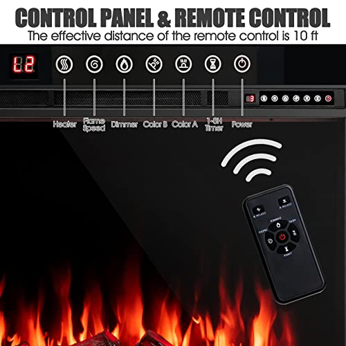 COSTWAY 37-Inch Electric Fireplace, Wall-Mounted and Recessed Fireplace Heater with 4 Flame and Log Colors, 5-Level Flame Speed and Brightness, Remote Control, 8H Timer, Overheat Protection, 1500W COSTWAY