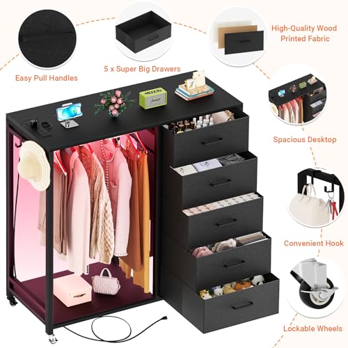 Cyclysio Dresser for Bedroom with Clothes Rack, 5 Drawers Dresser with Charging Station & LED Lights, Black Storage Chest of Drawers with Wheels, Wooden Top, Lockable Wheels, Bedroom, Closet, Black Cyclysio