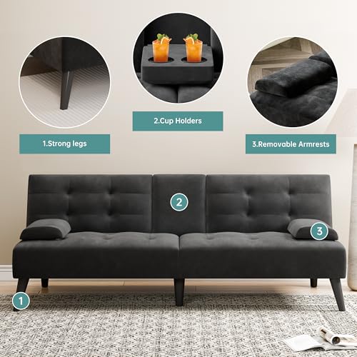Meilocar 64" Futon Sofa Bed, 64" Convertible Loveseat with 2 Cup Holders, Small Couch with 3 Adjustable Angles & Removable Armrest, Modern Sleeper Sofa for Apartment,5.3 FT, Black Meilocar