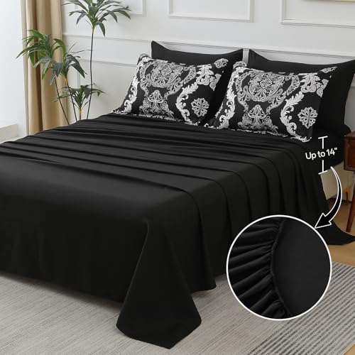 WONGS BEDDING 7 Pieces Comforter Set King Size, Black White Texture Bedding Set for All Season, Damask Soft and Breathable Bed in a Bag with Comforter, Flat Sheet, Fitted Sheet, Pillowcases & Shams WONGS BEDDING