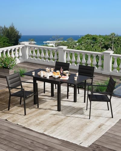 Aluminum 31"-63" Extendable Outdoor Dining Table Set for 4-6 Person, Expandable Patio Table with Wood Pattern Tabletop for Backyard, Deck, Black Fitenlor