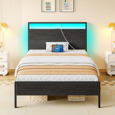 Rolanstar Bed Frame Twin Size with Charging Station, LED Twin Bed Frame with Wood Headboard, Platform Bed with Metal Slats & Under Bed Storage, No Box Spring Needed, Noise Free, Black Oak