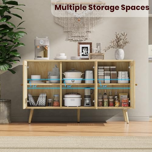 IDEALHOUSE 47.2" Rattan Sideboard Buffet Cabinet with 3 Doors, Boho Storage Cabinet with Adjustable Shelves, Console Table for Living Room, Dining Room, Entryway, Coffee Bar IDEALHOUSE