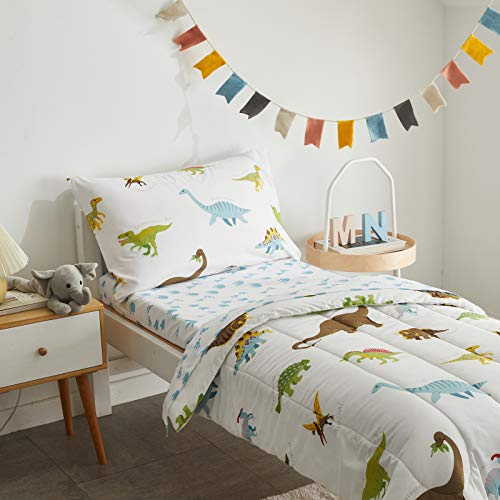 4 Pieces Toddler Bedding Set Dinosaur with Colorful Dinos and Monsters Toddler Comforter Sheet Set for Autumu and Winter Includes Comforter, Flat Sheet, Fitted Sheet and Pillowcase White UOZZI BEDDING