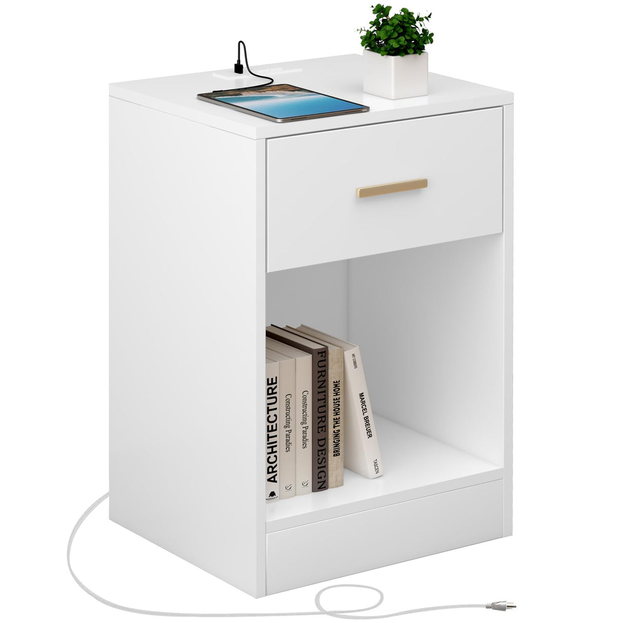 LAPTAIN Nightstand with Charging Station, End Side Table with Storage Drawer and Open Cabinet, Bedside Table for Bedroom, White LAPTAIN