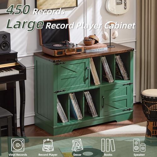Joaxswe Large Record Player Stand with Vinyl Storage Up to 450 Albums, 39 Inch Farmhouse Wood Green Vinyl Records Storage Cabinet with Barn Doors, Mid-Century Accent Turntable Stand for Living Room Joaxswe