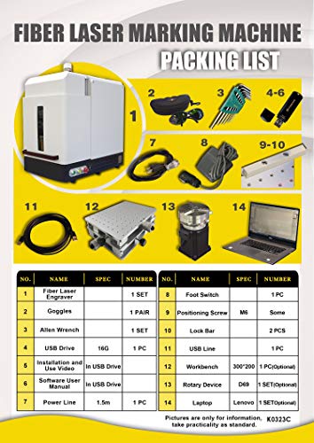 50W Enclosure Type JPT Fiber Laser Marking Machine Fiber Laser Engraver Laser Marker 110×110mm Lens and D69 Rotary Axis Class 1 Laser Output Power 0.39mW SFX