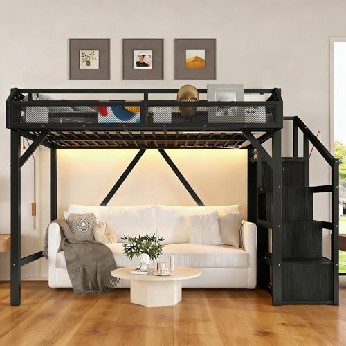 Bellemave Twin XL Loft Bed with Storage Stairs, Shelves & Wardrobe, Twin XL Metal Loft Bed Frame with LED Lights & USB Ports for Kids Teens, Noise-Reduced Design, Black Bellemave