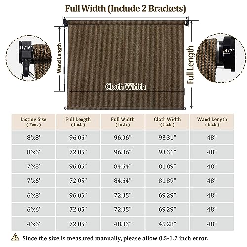 Amagenix Outdoor Roller Shades, 220GSM HDPE Exterior Cordless Patio Shades Roll Up Outdoor Blinds for Porch Gazebo 8'(W) x 6'(H), Spliced of Two Sections, Mocha Amagenix