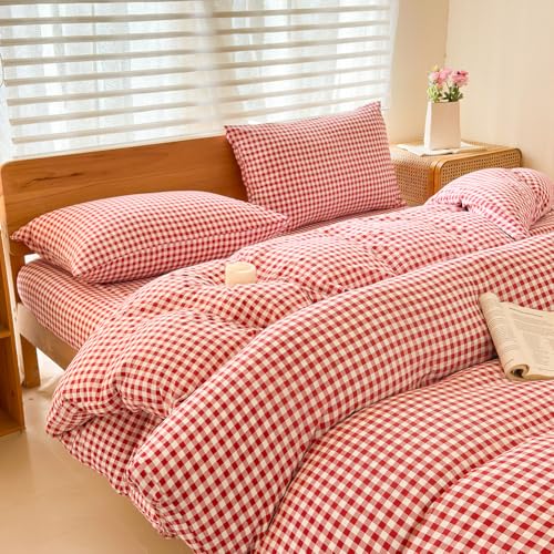NSNLGSGC Red Gingham Duvet Cover Set King, Grid Simple Geometric Square Pattern Comforter Cover,Soft Plaid Washed Microfiber Bedding Cover(3PCS,King) NSNLGSGC