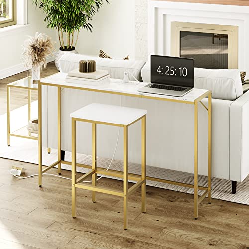MAHANCRIS Console Table, Narrow Sofa Table, 43.3” Entrance Table with Power Station, Behind Couch Table, Simple Style, for Living Room, Hallway, Entryway, Foyer, Marble and Gold CTJM112E01 MAHANCRIS