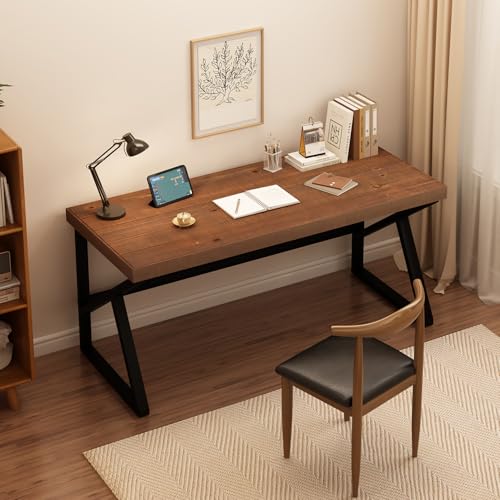 IBF Natural Real Wood Computer Desk, Rustic Writing Study Table for Student, Solid Wooden and Metal Gaming Home Office Desk, Farmhouse Industrial Modern Executive Work Desk Workstation, Brown, 55 Inch IBF