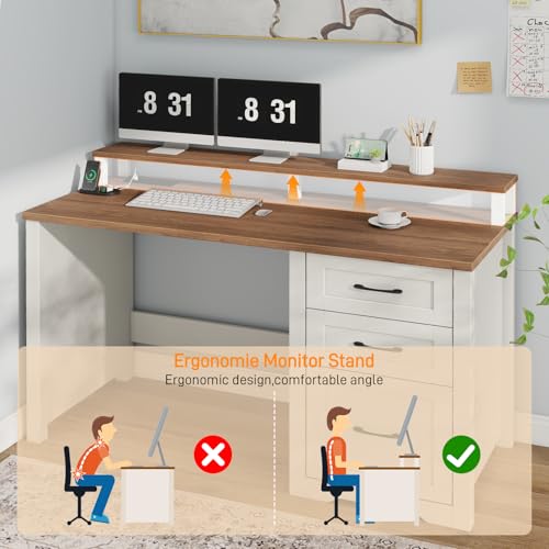 Vabches 47" Farmhouse Executive Desk with Monitor Stand & File Cabinet,3 Drawers Computer Desk with LED Lights and Power Outlets,Workstation for Home Office, Study,Writing.Unique White Vabches