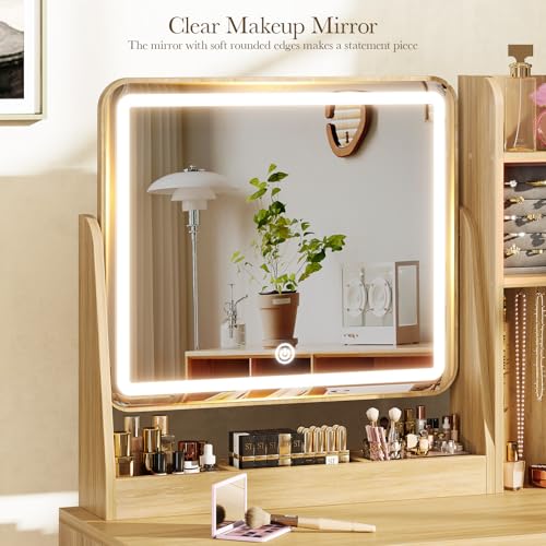 Memobarco Fluted Vanity Desk with Mirror and Lights, Small Makeup Vanity with 2 Drawers and Jewelry Storage Cabinet, 3 Lighting Modes Adjustable Brightness, Dressing Table for Bedroom - Natural Oak Memobarco