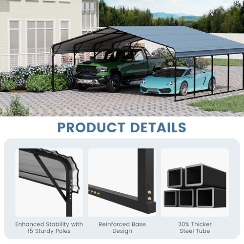 EROMMY 20‘x20’ Stable Metal Carport, All-Weather Heavy-Duty Carports with Strong Base, Sturdy Car Shed with Galvanized Steel Roof and Frame, Easy Assembly Car Port for 2 Cars, Tractors, Boat, Gray EROMMY