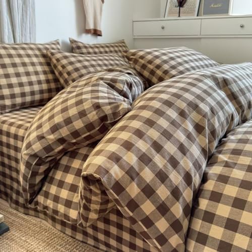 PinkMemory Brown Gingham Duvet Cover Set Queen 100% Washed Cotton Beige Plaid Checkered Duvet Cover Full 3pcs Modern Coffee Grid Gingham Bedding Set with Zipper Closure Ultra Soft Breathable PinkMemory