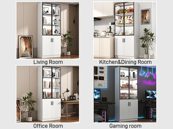 chartustriable 79" Tall Display Cabinet with LED Sensor Light & Pop-up Glass Doors, Modern Bookcase Curio Storage Cabinet for Bedroom, Living Room, Office, White chartustriable