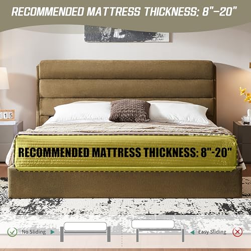 Zanmintaobo Lift Up Storage Bed King Size, Upholstered Platform Bed with Hydraulic System & Wood Slats Support, King Bed Frame with 3-Panel Headboard, No Box Spring Needed, Easy Assembly, Green Zanmintaobo