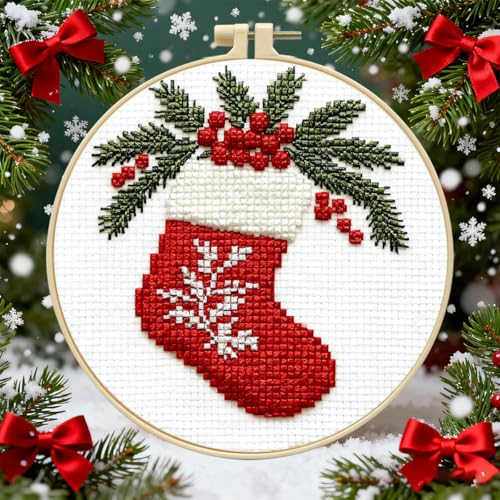 Zhenqing 11 Count Stamped Cross Stitch Kits for Adults Beginners, Hand Embroidery Christmas Ornaments kit with Instructions Embroidery Hoops,Christmas Stocking-Four-Piece Set(68446)