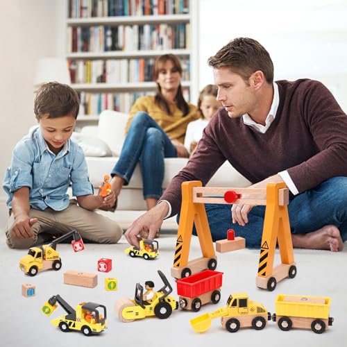 Atoylink 15PCS Kids Wooden Construction Toys with Magnetic Train Cars, Gantry Crane Bulldozer Roller Tow Truck Construction Site Vehicles Playset Gifts for 3 4 5 6 Year Old Toddlers Boys Atoylink