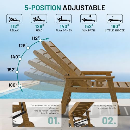 PLUUV HDPE Outdoor Lounge Chairs Set of 2, Patio Chaise Lounge Chairs for Outdside with 5-Position Adjustable Backrest & Cup Holders & Wheels for Patio, Deck, Poolside, Backyard -Brown