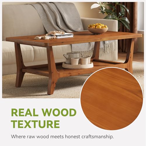 LITTLE TREE Solid Wood Coffee Table, 47-Inch Living Room Center Table with Shelf, 2-Tier, Smooth Corners, Child-Friendly, Easy Assembly, Brown LITTLE TREE