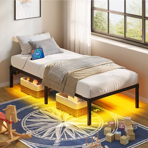 Rolanstar Bed Frame with USB Charging Station, Twin Bed Frame with LED Lights, Platform Bed Frame with Heavy Duty Steel Slats, 14" Storage Space Beneath Bed Rolanstar