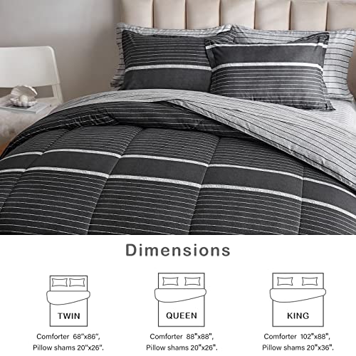 Flysheep 3 Pcs Boho Striped Comforter Set Twin Size for Kids, White Striped on Black Dark Grey Soft Microfiber Reversible Bedding Set for All Season Flysheep
