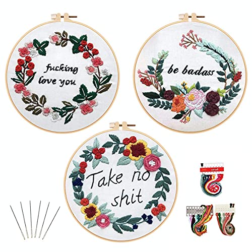 Louise Maelys Embroidery Starter Kit with 3 Hoops for Adults Funny Floral Wreath Pattern for Beginners Needlepoint Kits