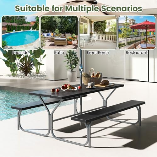 Giantex Picnic Table 6FT for 8 Person, Outdoor Table Set w/ 2 Benches, All-Weather HDPE Rectangular Tabletop, Heavy Duty Metal Legs, Umbrella Hole, for Patio Yard Lawn Party (Black) Giantex