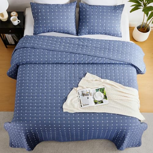 ENJOHOS Blue 100% Cotton Linen Twin Quilt Set, Twin Bedspread Coverlet, Twin Size Quilt Bedding Set, Reversible Lightweight Bed Quilt with Shams for Girl Boy Kid (2 Pieces, 68"x86") ENJOHOS