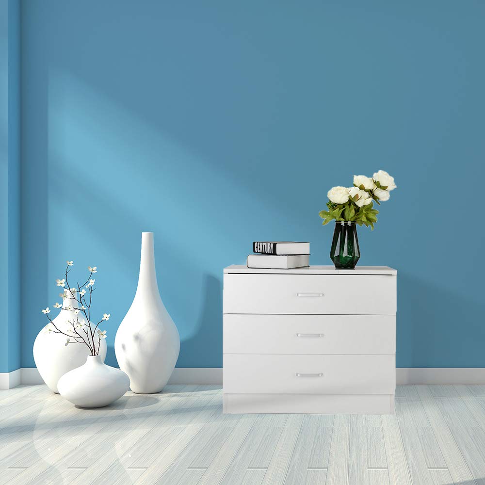 Karl home White 3 Drawer Dresser for Bedroom, Small Nightstand Modern Storage Chest of Drawer Wooden Side Table End Table for Bedroom, Living Room, Reception Room Karl home