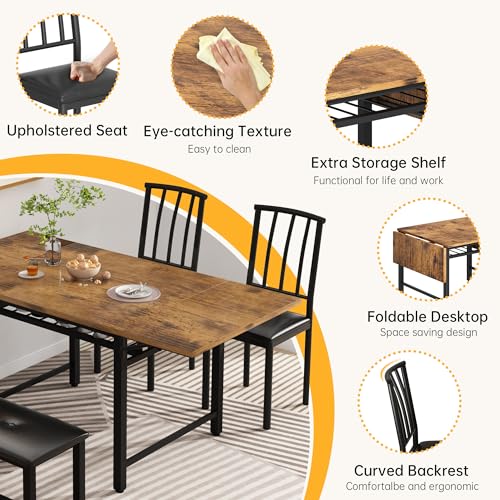 AWQM 4-Piece Faux Wood Drop Leaf Dining Table with Storage Rack, Space Saving Breakfast Nook Table Set with 2 Backrest Chairs and 1 Upholstered Bench, Kitchen Dining Table and Chairs Set for 2-4 AWQM