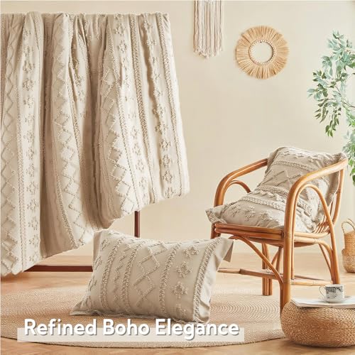 MR&HM Full Size Bed Sheets and Comforter Set Beige, 7 Pieces Tufted Boho Beddding Sets, Farmhouse Style Bed in a Bag with 1 Comforter, 2 Pillow Shams, 2 Pillowcases, 1 Flat Sheet, 1 Fitted Sheet MR&HM