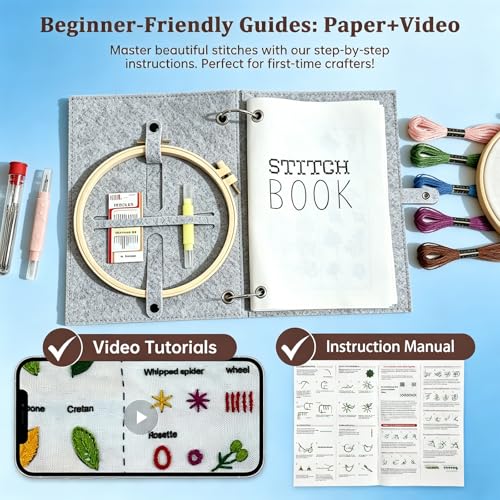 2026 Upgraded Embroidery Stitch Book Kit with 8.27"x10.65" Portable Loose-Leaf Cover, 103 Stitches & 60 Patterns, All-in-One Hand Embroidery Kit for Beginners with Tools & Step-by-Step Video Tutorials