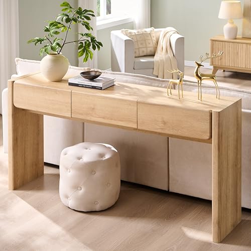 OKD 63'' Console Table with 3 Drawers, Farmhouse Entryway Table with Rounded Corners, Console Table Behind Couch for Living Room/Hallway-Natural Oak OKD